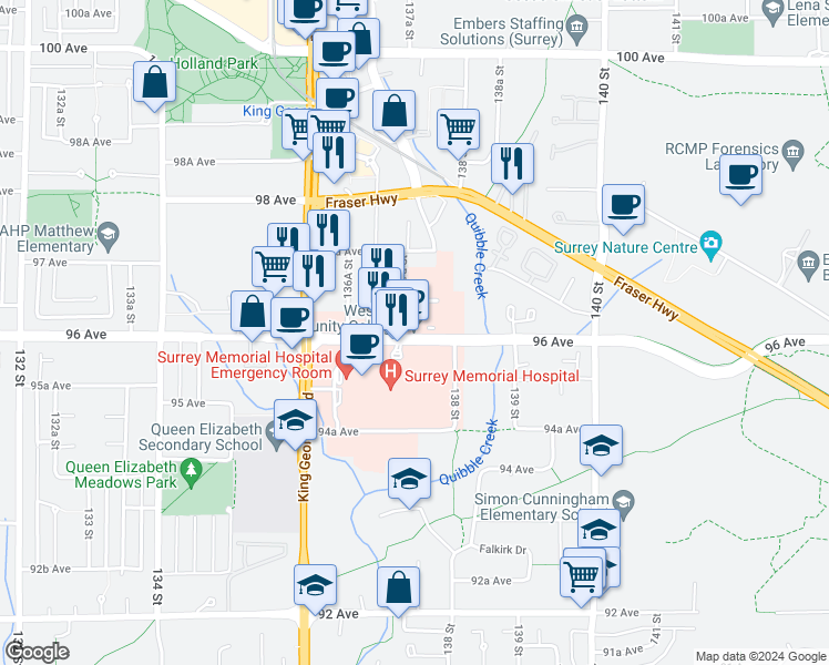 map of restaurants, bars, coffee shops, grocery stores, and more near 13761 96 Avenue in Surrey