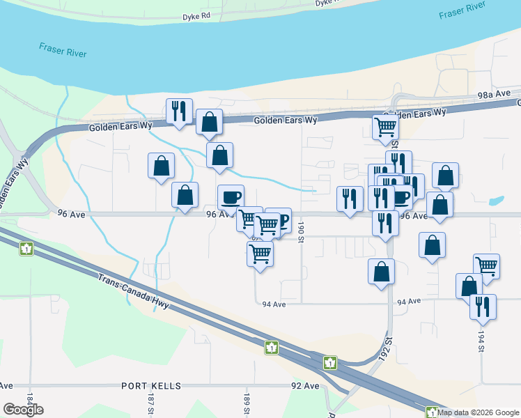 map of restaurants, bars, coffee shops, grocery stores, and more near 18911 96 Avenue in Surrey