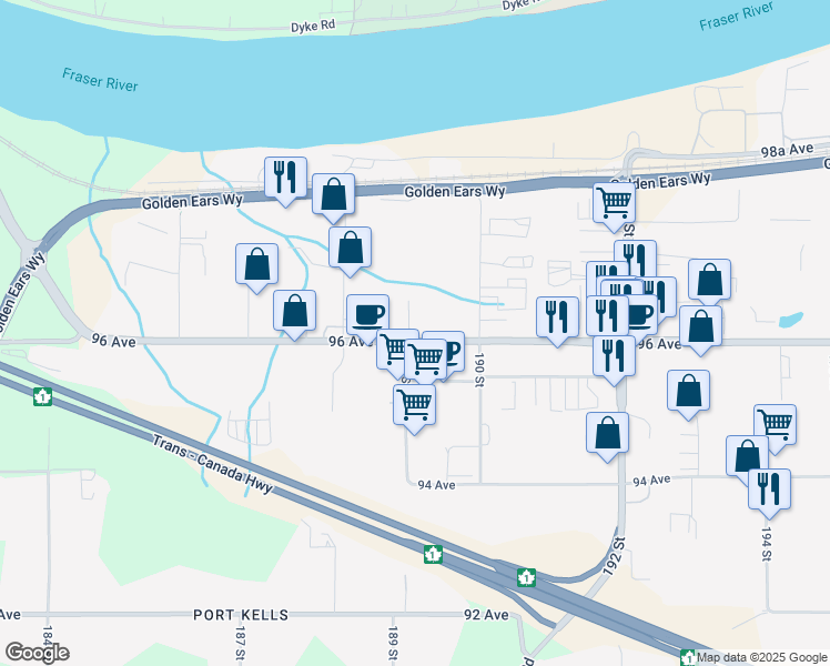 map of restaurants, bars, coffee shops, grocery stores, and more near 18911 96 Avenue in Surrey