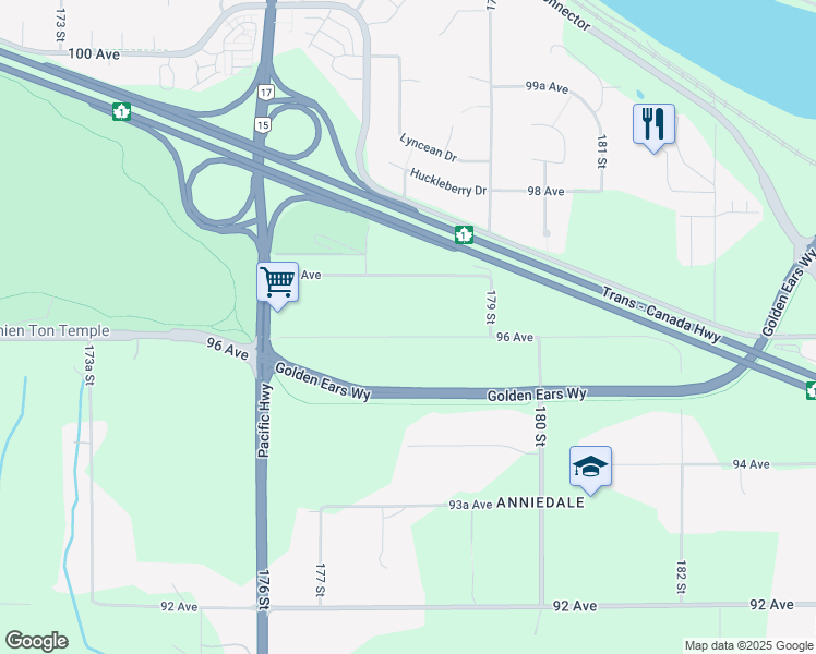 map of restaurants, bars, coffee shops, grocery stores, and more near 17807 96 Avenue in Surrey