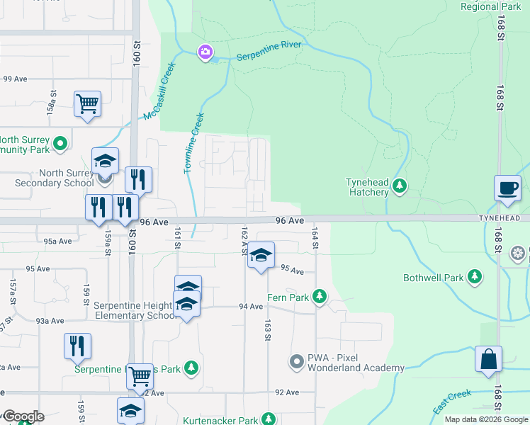 map of restaurants, bars, coffee shops, grocery stores, and more near 9652 162 A Street in Surrey