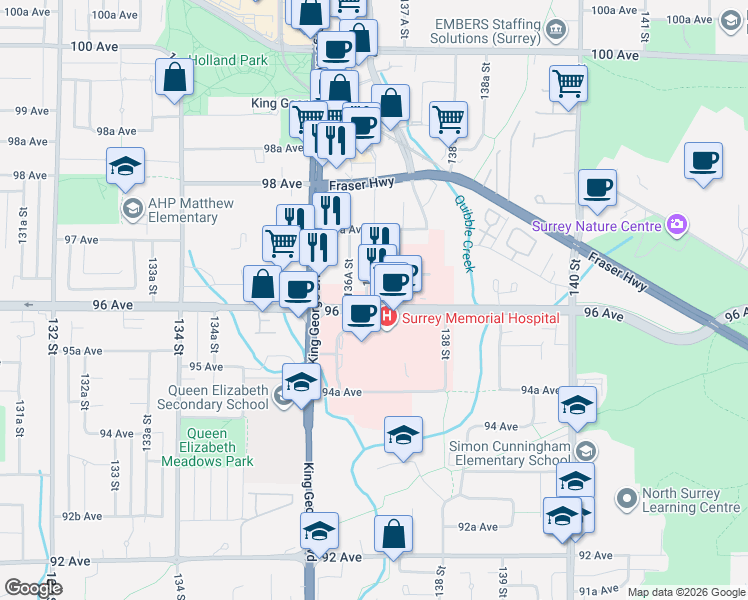 map of restaurants, bars, coffee shops, grocery stores, and more near 13737 96 Avenue in Surrey