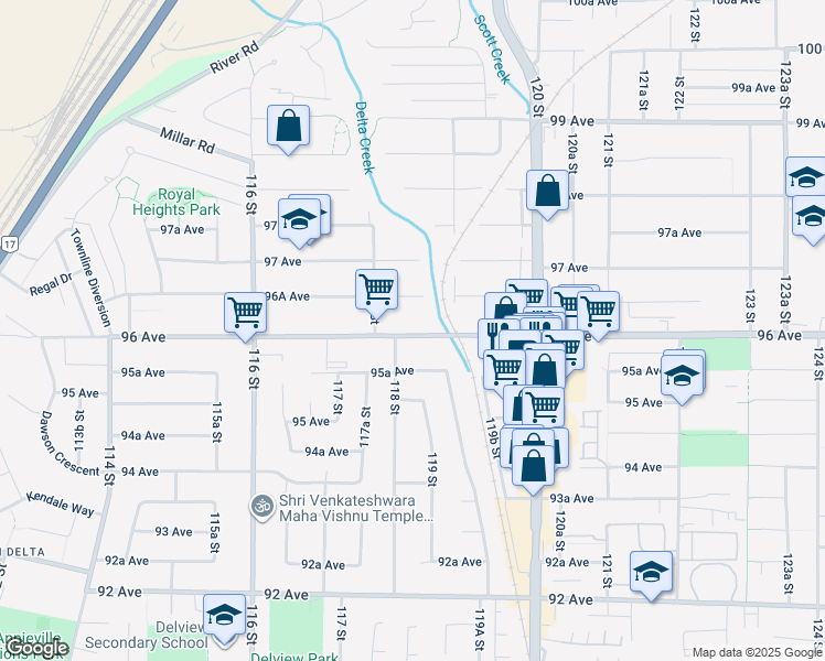 map of restaurants, bars, coffee shops, grocery stores, and more near 11831 96 Avenue in Surrey