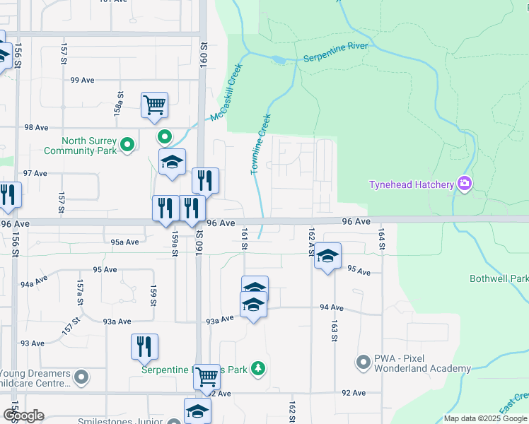 map of restaurants, bars, coffee shops, grocery stores, and more near 9621 161A Street in Surrey