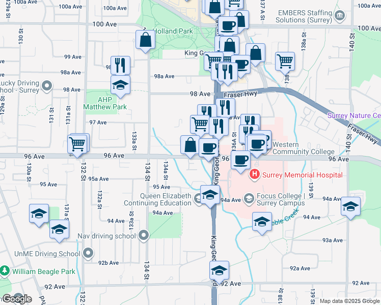 map of restaurants, bars, coffee shops, grocery stores, and more near 13555 96 Avenue in Surrey