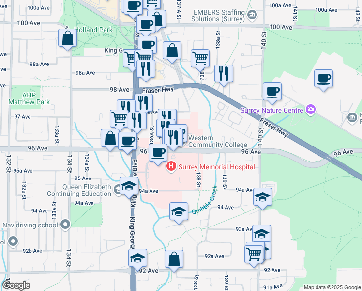 map of restaurants, bars, coffee shops, grocery stores, and more near 9650 137A Street in Surrey