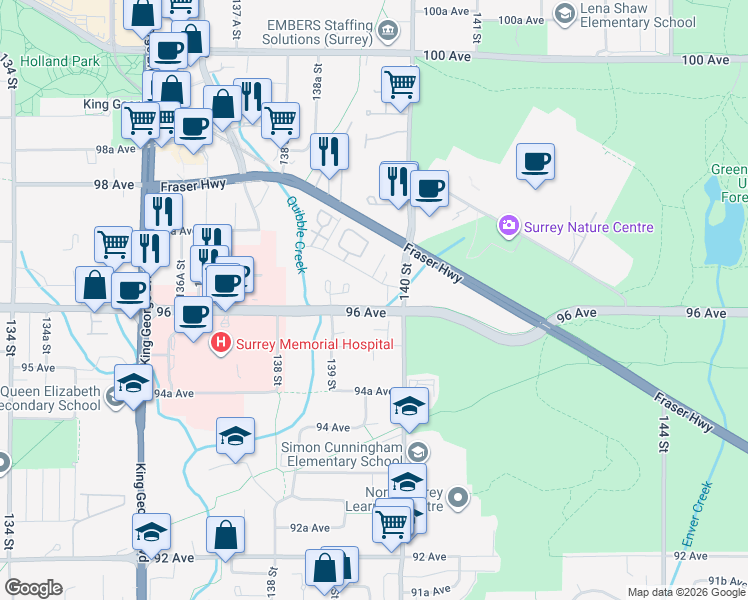 map of restaurants, bars, coffee shops, grocery stores, and more near 13969 96 Avenue in Surrey