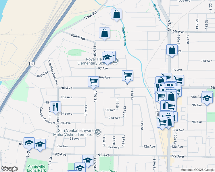 map of restaurants, bars, coffee shops, grocery stores, and more near 11663 96 Avenue in Surrey