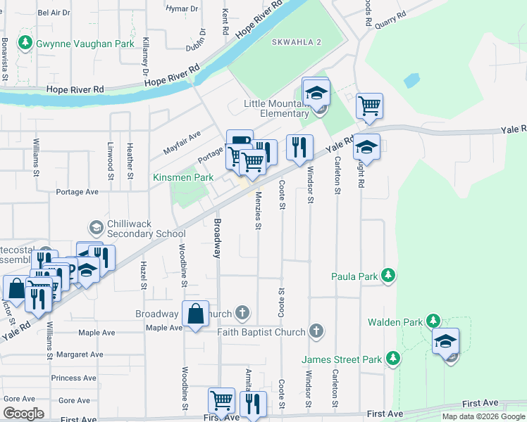 map of restaurants, bars, coffee shops, grocery stores, and more near 9650 Menzies Street in Chilliwack