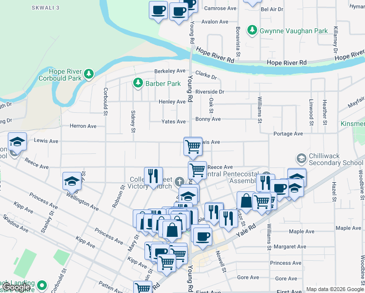 map of restaurants, bars, coffee shops, grocery stores, and more near 45932 Lewis Avenue in Chilliwack
