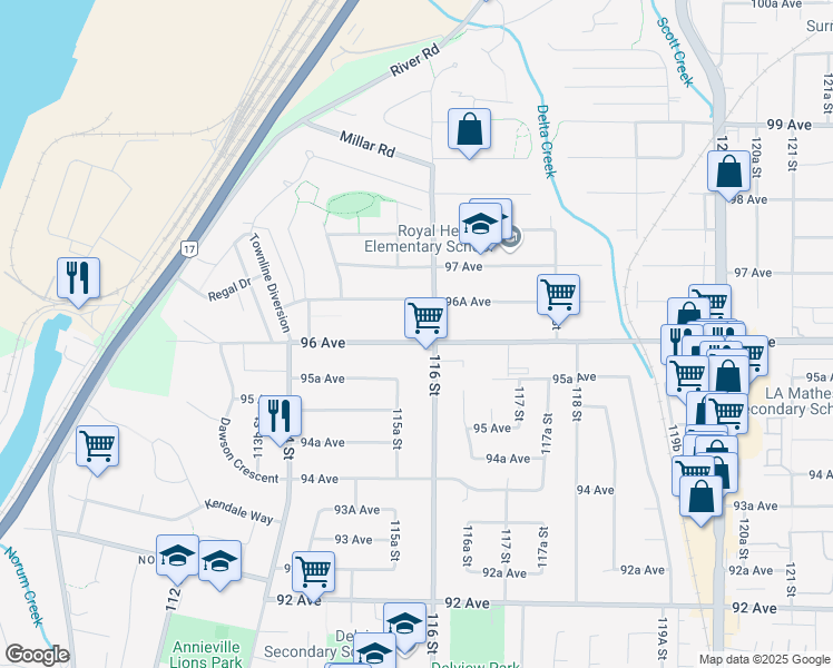 map of restaurants, bars, coffee shops, grocery stores, and more near 11575 96 Avenue in Surrey