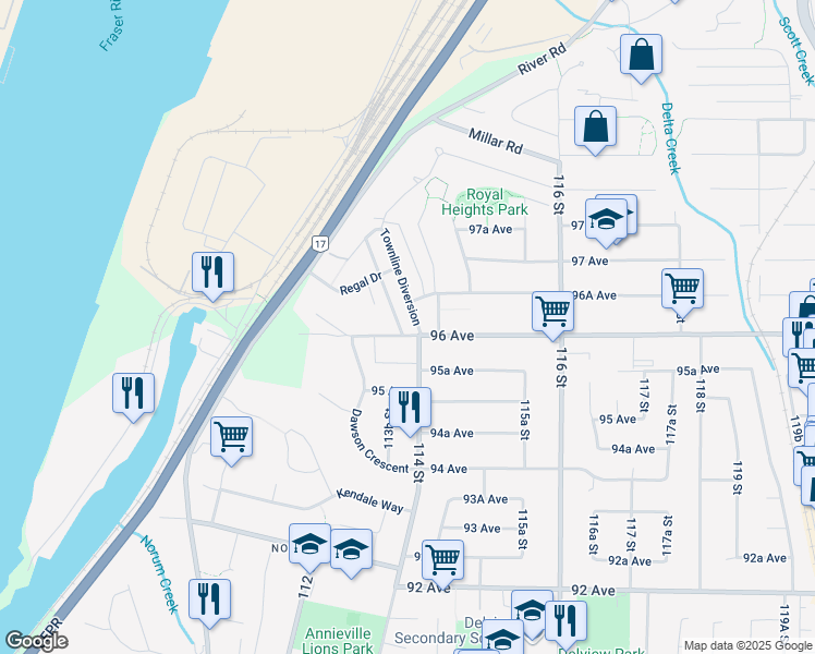map of restaurants, bars, coffee shops, grocery stores, and more near 9615 Townline Diversion in Surrey