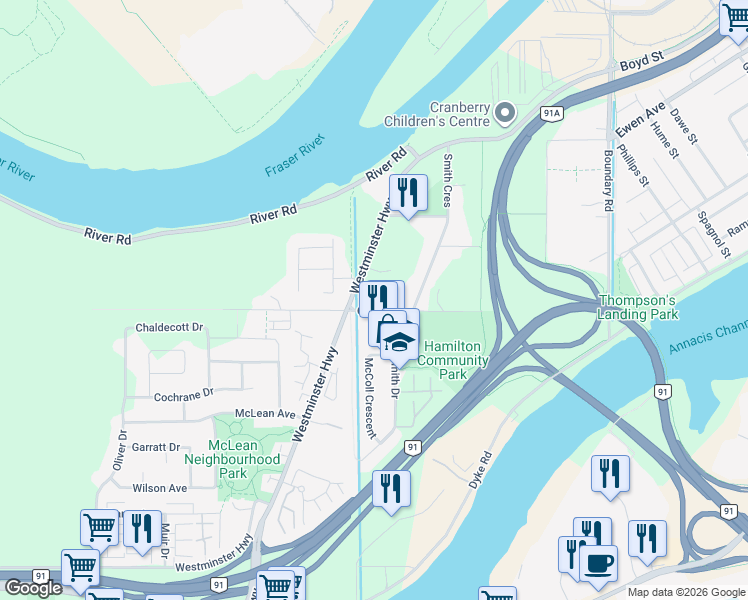 map of restaurants, bars, coffee shops, grocery stores, and more near 23233 Gilley Road in Richmond