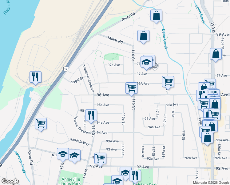 map of restaurants, bars, coffee shops, grocery stores, and more near 11511 96 Avenue in Surrey