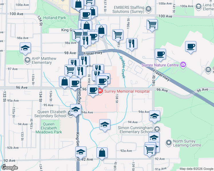 map of restaurants, bars, coffee shops, grocery stores, and more near 13761 96 Avenue in Surrey