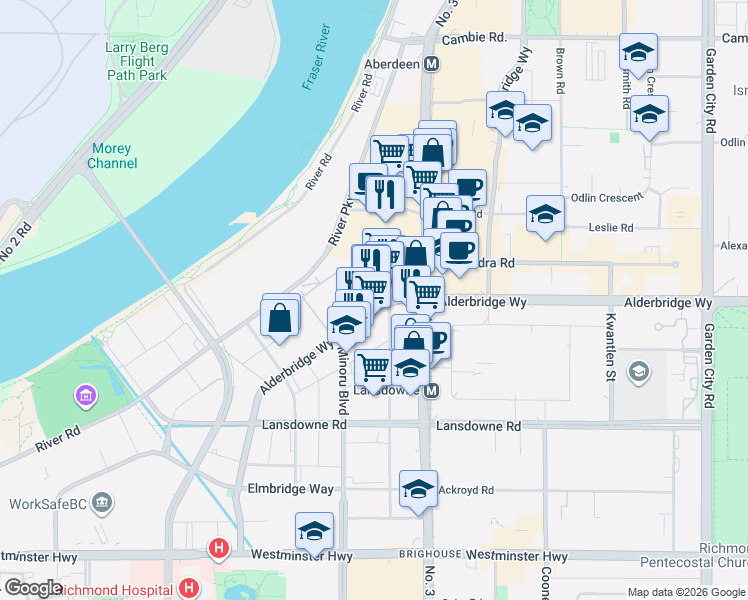 map of restaurants, bars, coffee shops, grocery stores, and more near 7911 Alderbridge Way in Richmond