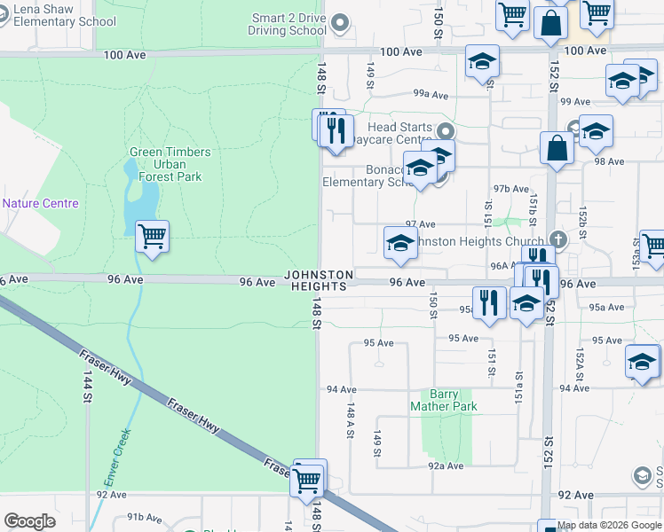 map of restaurants, bars, coffee shops, grocery stores, and more near 9626 148 Street in Surrey