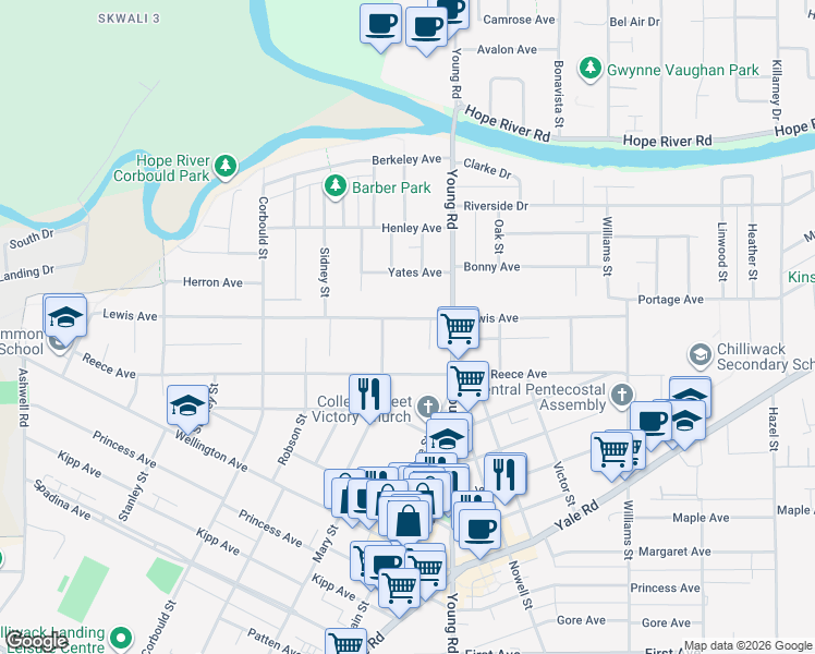 map of restaurants, bars, coffee shops, grocery stores, and more near 45900 Lewis Avenue in Chilliwack