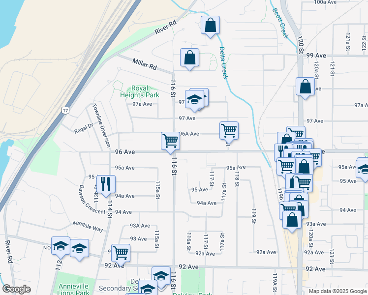 map of restaurants, bars, coffee shops, grocery stores, and more near 11623 96 Avenue in Surrey