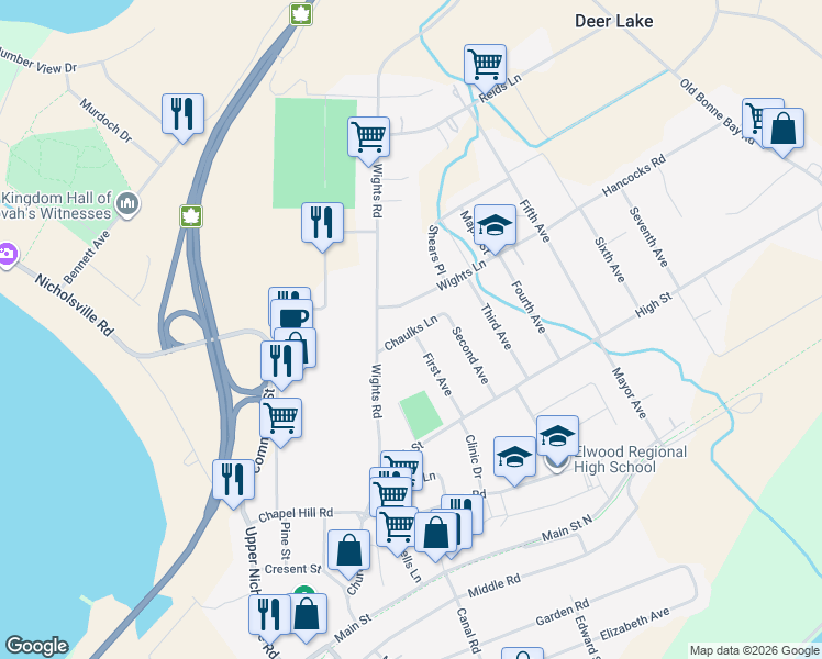 map of restaurants, bars, coffee shops, grocery stores, and more near Chaulks Lane in Deer Lake