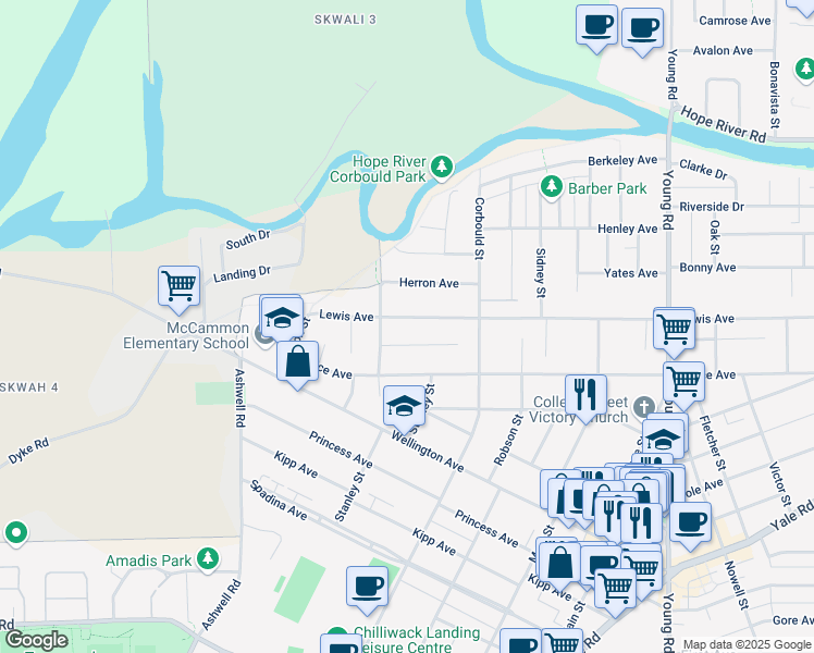map of restaurants, bars, coffee shops, grocery stores, and more near 45596 Lewis Avenue in Chilliwack