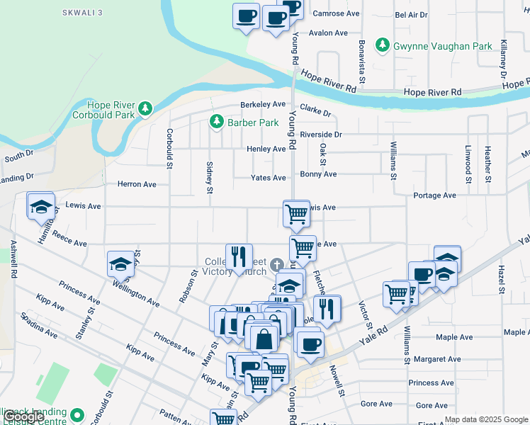 map of restaurants, bars, coffee shops, grocery stores, and more near 45900 Lewis Avenue in Chilliwack