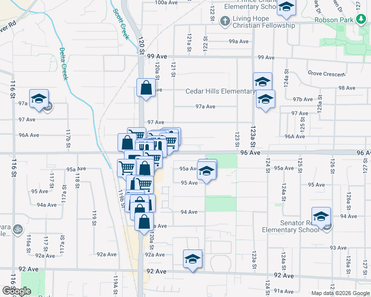 map of restaurants, bars, coffee shops, grocery stores, and more near 12141 96 Avenue in Surrey