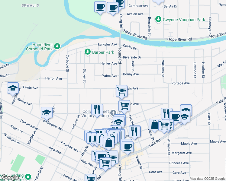 map of restaurants, bars, coffee shops, grocery stores, and more near 45924 Lewis Avenue in Chilliwack