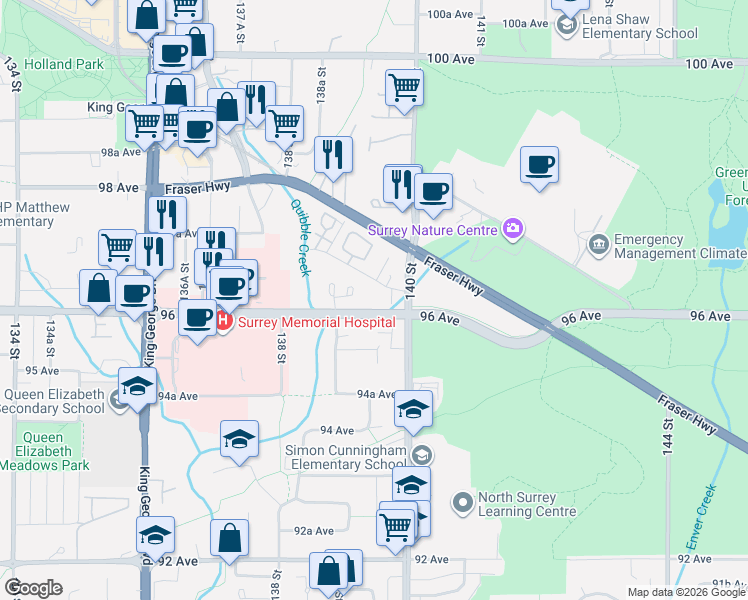 map of restaurants, bars, coffee shops, grocery stores, and more near 13969 96 Avenue in Surrey