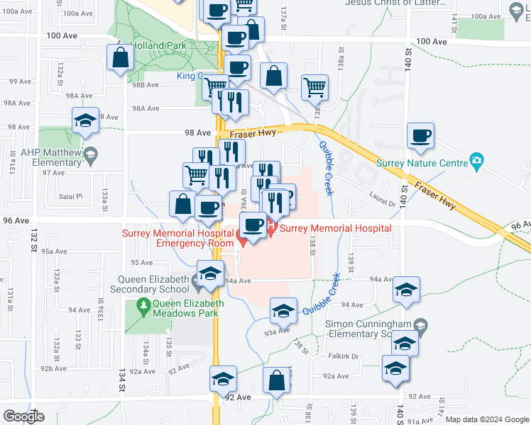 map of restaurants, bars, coffee shops, grocery stores, and more near 13737 96 Avenue in Surrey