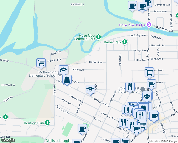 map of restaurants, bars, coffee shops, grocery stores, and more near 45560 Lewis Avenue in Chilliwack