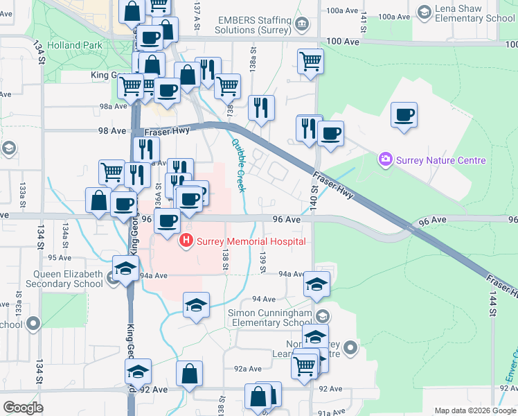 map of restaurants, bars, coffee shops, grocery stores, and more near in Surrey