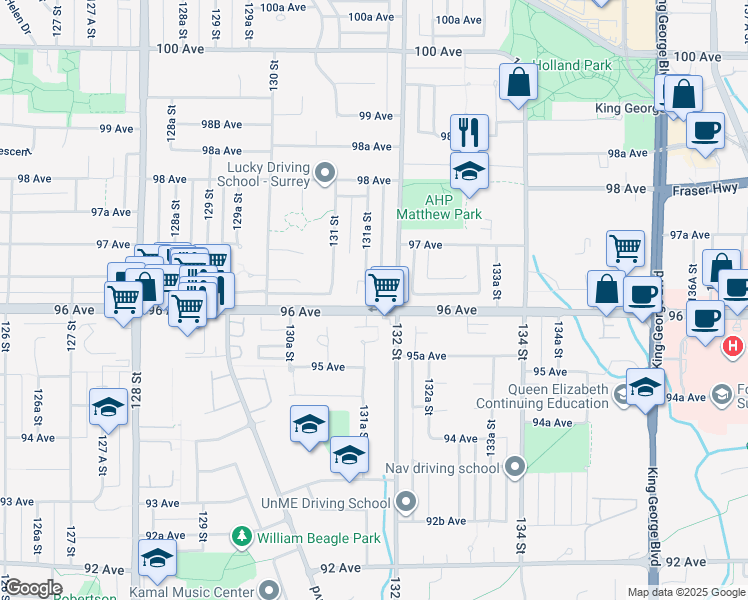 map of restaurants, bars, coffee shops, grocery stores, and more near 13165 96 Avenue in Surrey