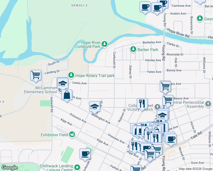 map of restaurants, bars, coffee shops, grocery stores, and more near 45658 Lewis Avenue in Chilliwack