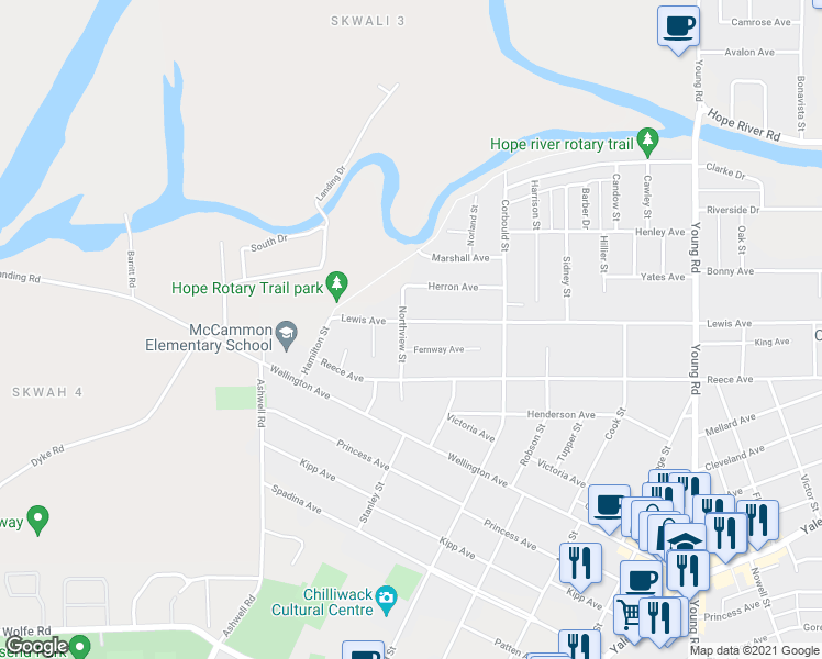 map of restaurants, bars, coffee shops, grocery stores, and more near 45560 Lewis Avenue in Chilliwack