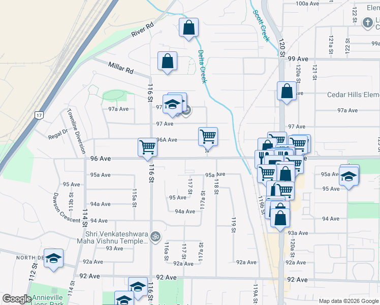 map of restaurants, bars, coffee shops, grocery stores, and more near 11719 96 Avenue in Surrey