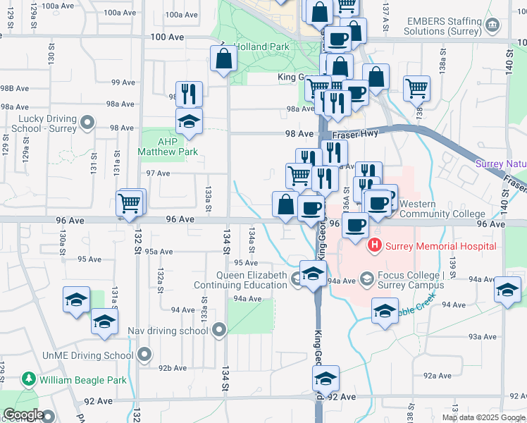 map of restaurants, bars, coffee shops, grocery stores, and more near 9755 King George Boulevard in Surrey