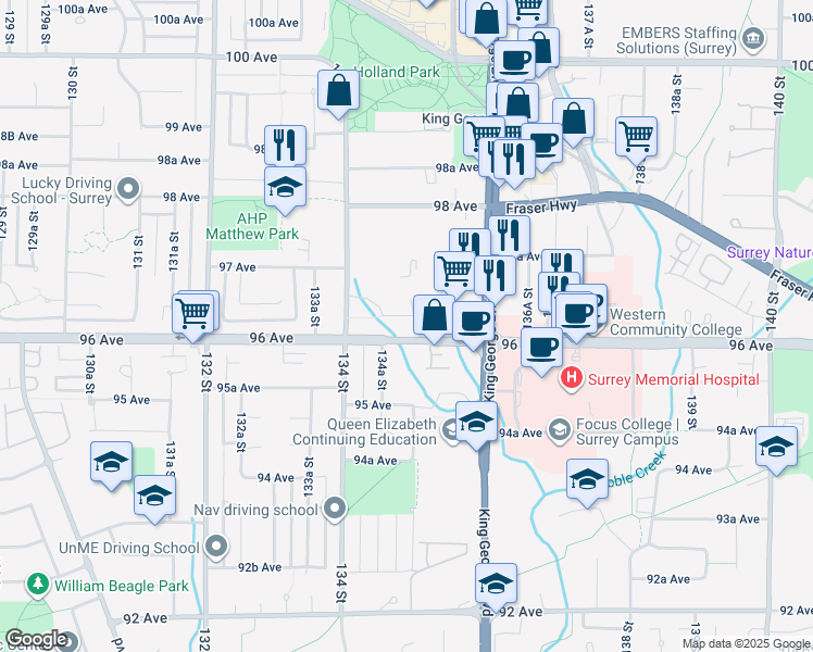 map of restaurants, bars, coffee shops, grocery stores, and more near 13475 96 Avenue in Surrey