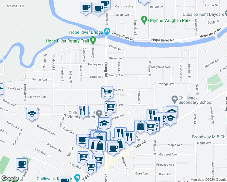 map of restaurants, bars, coffee shops, grocery stores, and more near 46008 Lewis Avenue in Chilliwack