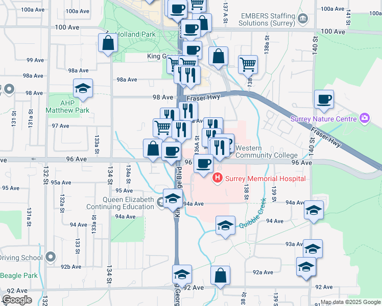 map of restaurants, bars, coffee shops, grocery stores, and more near 9651 136A Street in Surrey