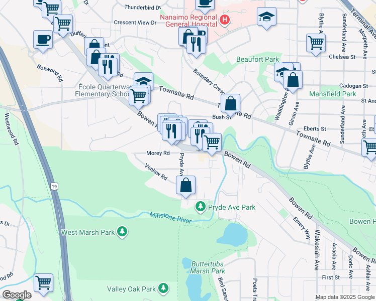 map of restaurants, bars, coffee shops, grocery stores, and more near 1580 Bowen Road in Nanaimo