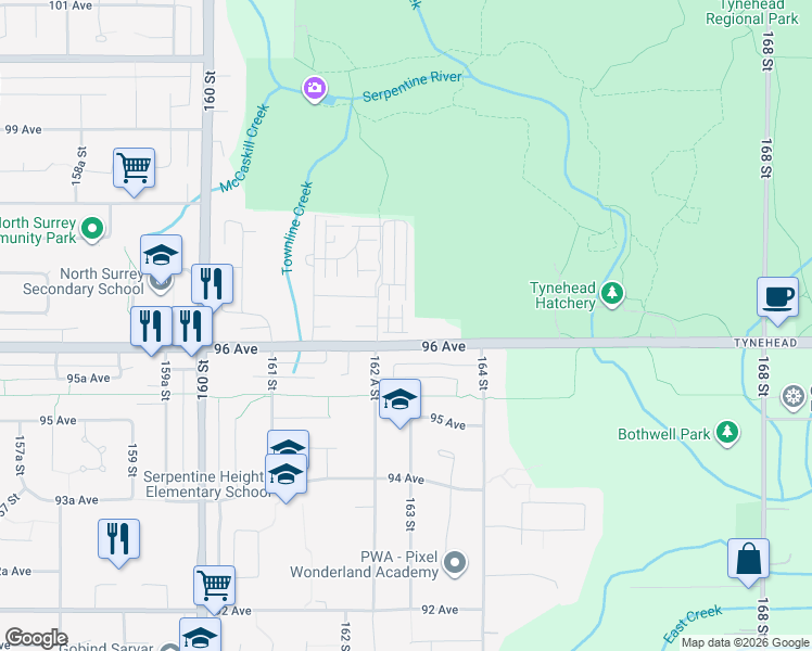 map of restaurants, bars, coffee shops, grocery stores, and more near 9652 162 A Street in Surrey