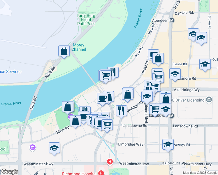 map of restaurants, bars, coffee shops, grocery stores, and more near 7080 River Road in Richmond