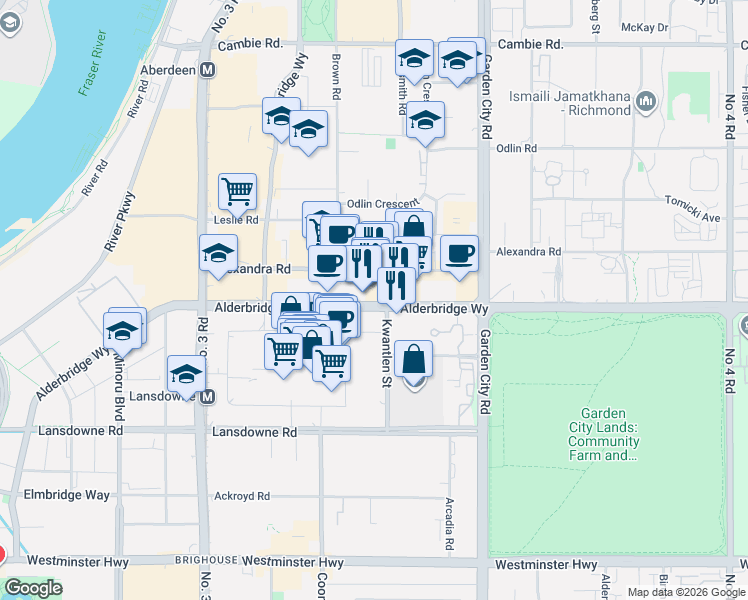 map of restaurants, bars, coffee shops, grocery stores, and more near 8500 Alexandra Road in Richmond