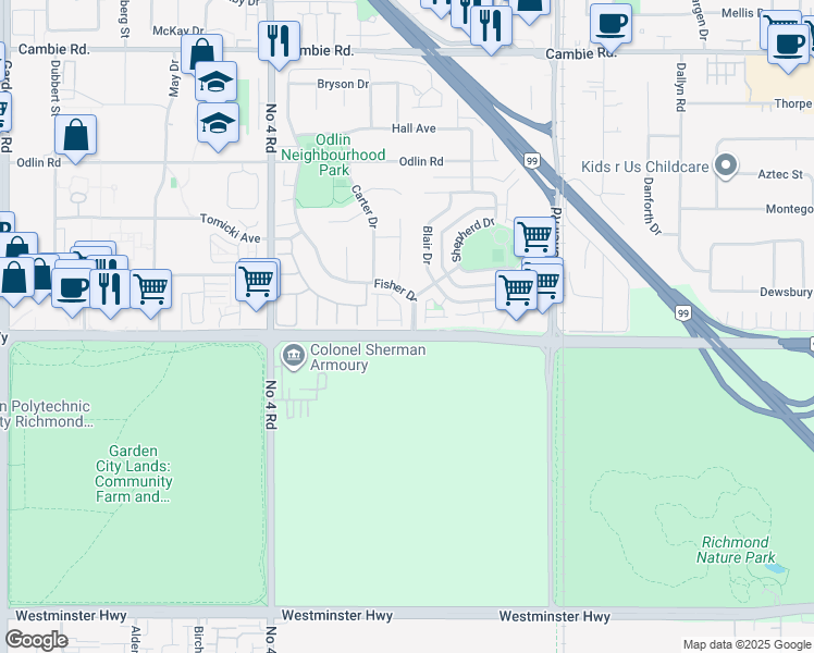 map of restaurants, bars, coffee shops, grocery stores, and more near 4933 Fisher Drive in Richmond