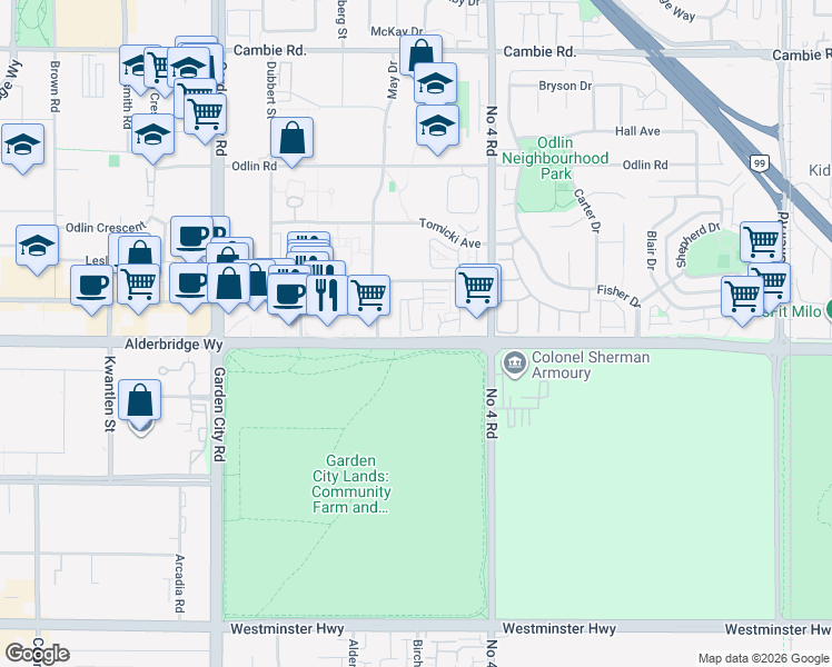 map of restaurants, bars, coffee shops, grocery stores, and more near 8999 Alderbridge Way in Richmond