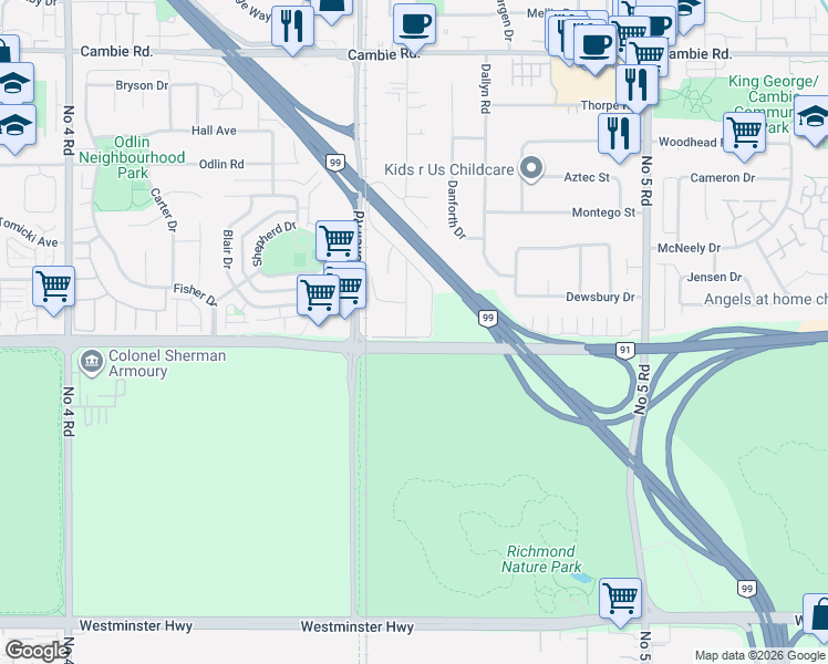 map of restaurants, bars, coffee shops, grocery stores, and more near 4888 Vanguard Road in Richmond