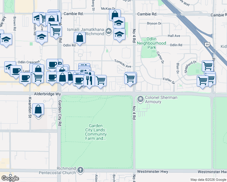 map of restaurants, bars, coffee shops, grocery stores, and more near 9680 Alexandra Road in Richmond