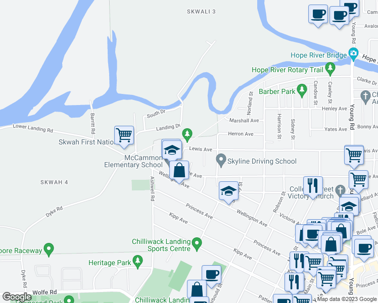 map of restaurants, bars, coffee shops, grocery stores, and more near 9660 Hamilton Street in Chilliwack