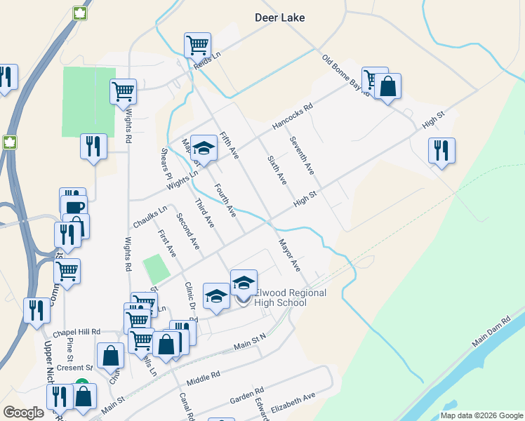 map of restaurants, bars, coffee shops, grocery stores, and more near 1 Fifth Avenue in Deer Lake